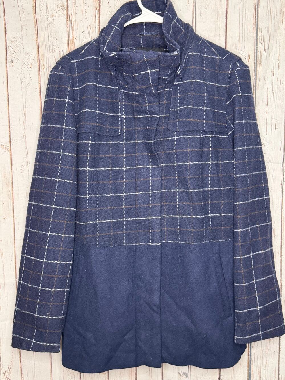 Celebrity Pink Navy Plaid Mixed Media Faux Woo Coat NO HOOD